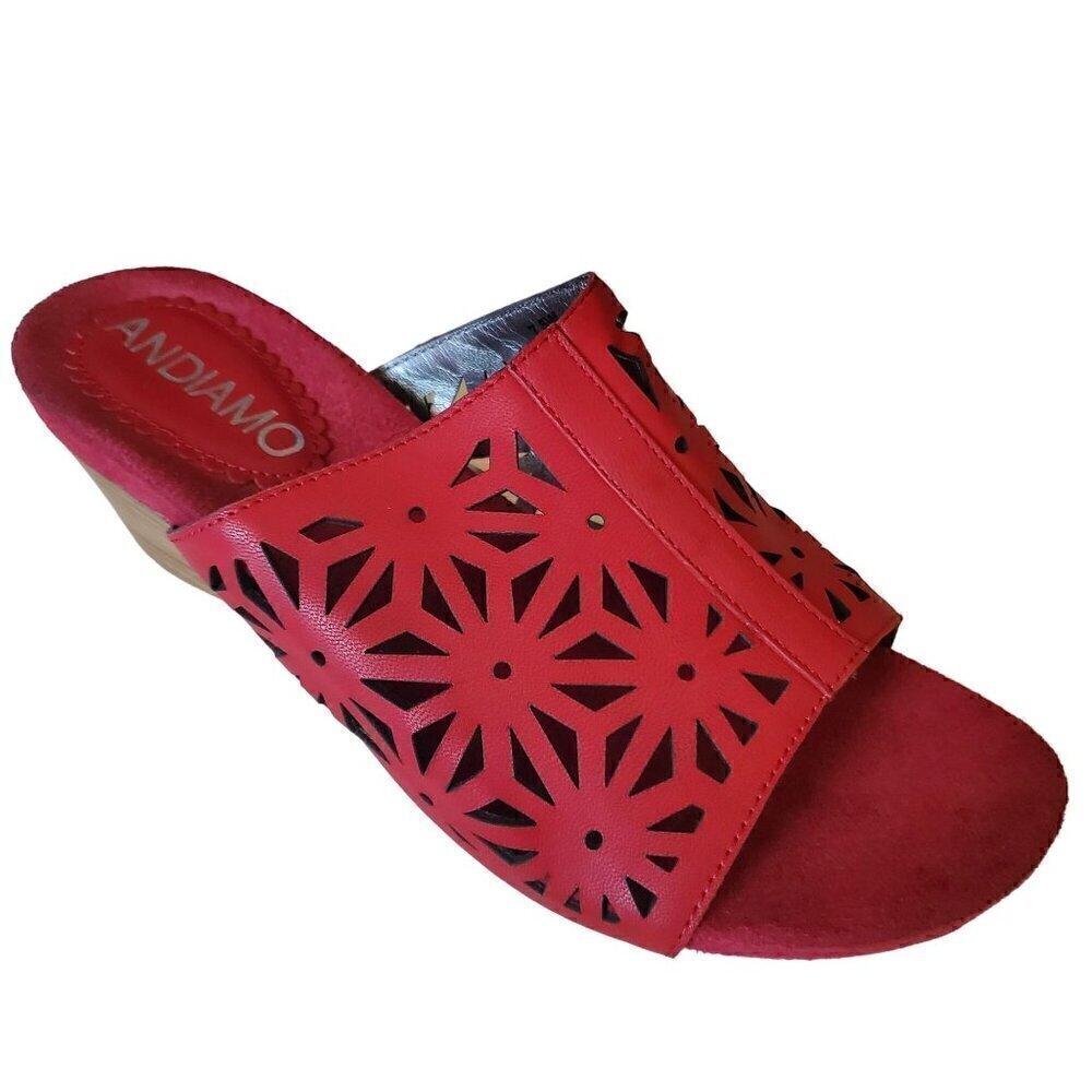 Andiamo Red Daisy Sandal Wedges, Woman's Red Leather Wedges